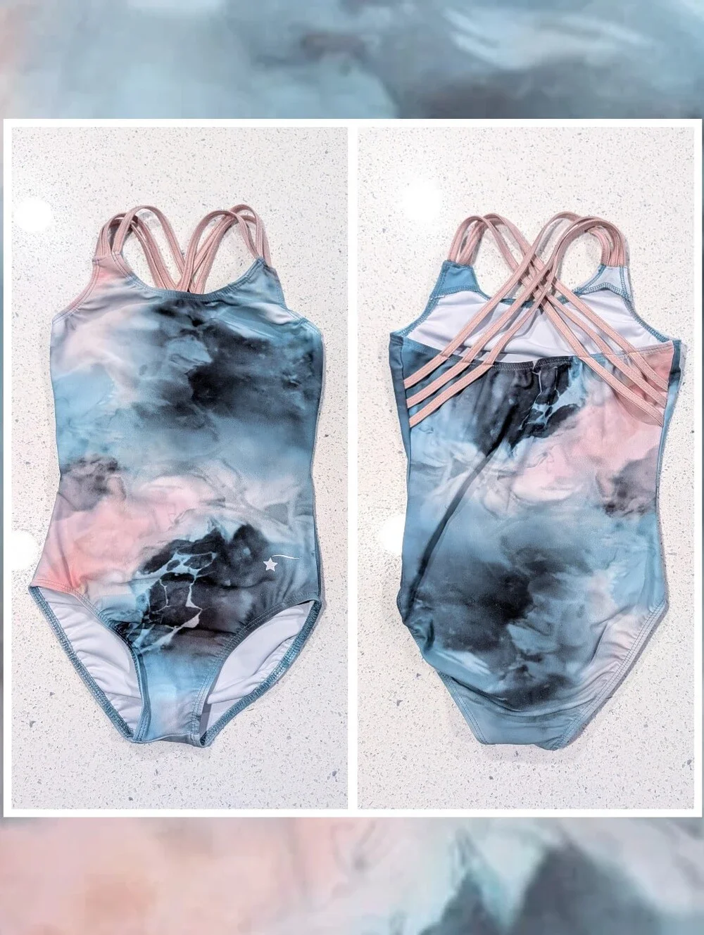 ABSTRACT Destira Gymnastics Dance Leotard Medium Peach WATERCOLOR Strappy Back
